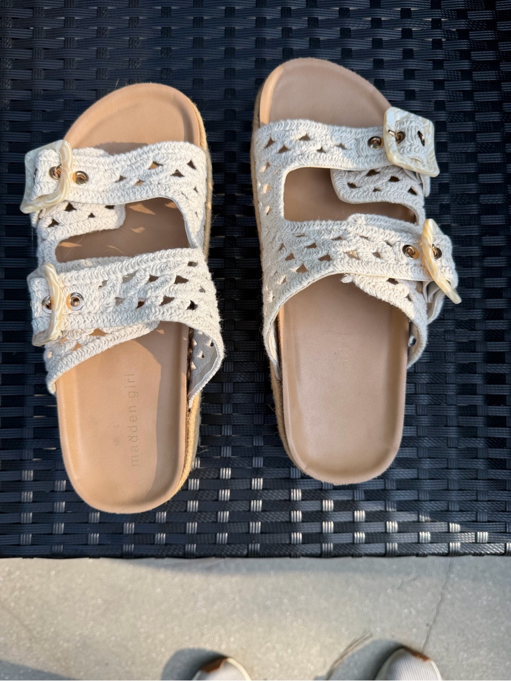 Madden Girl Cream Crochet Double-Buckle Slide Sandals